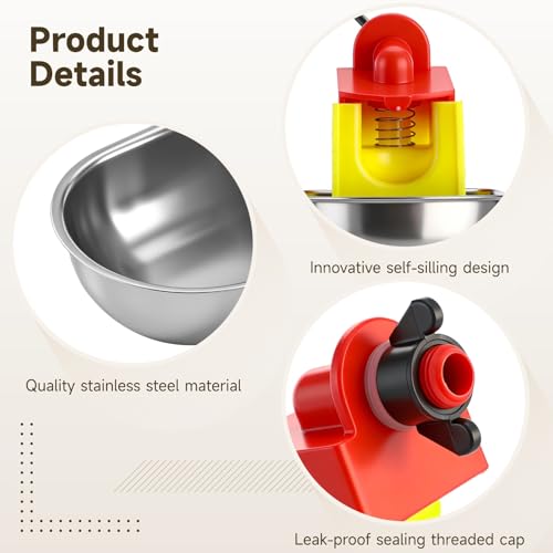 12 Pcs Stainless Auto Chicken Water Cups, Self-Filling for 5 Gal Bucket | Self-filling keeps water fresh; bowl shape for natural drinking; fits PVC pipes; for ducks, rabbits, quails & backyard