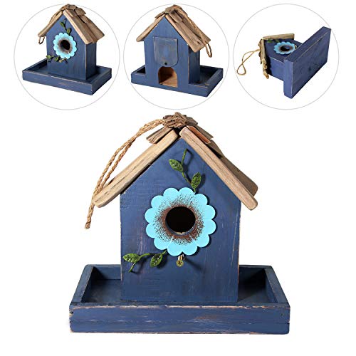 Bird Feeder House for Outside Hanging, Wooden Birdhouse Bluebird House Feeder Handcrafted Hut - color: 1-Blue