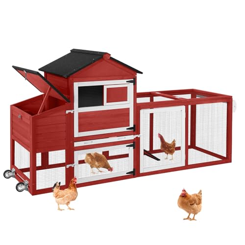 Large Chicken Coop with Wheels, Outdoor Wooden Hen House with Run & Nesting Box, for 3-5 Chickens, Waterproof Asphalt Roof, Leakproof Tray, Expandable Poultry Cage-Red - color: Red (AIR72-R)