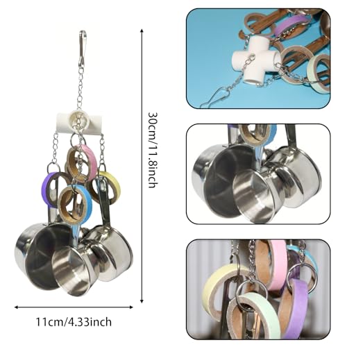 LWINGFLYER Stainless Steel Parrot Toys, Pullable Stainless Steel Cup and Cardboard Ring Toys Hanging Chew Bird Toys for Large Parrots，African Grey, Amazon Parrots