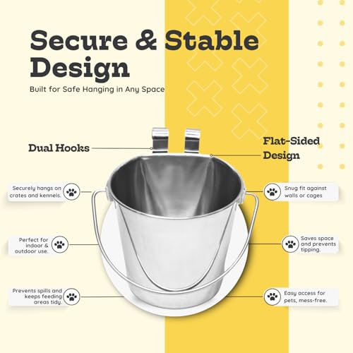 Stainless Steel Flat Side Bucket with Dual Hooks 2 Quart (0.5Gallon)– Heavy Duty Hanging Dog Water & Food Bowl Kennel, Cage & Crate, Durable Pet Pail for Dogs, Cats, Birds & Small Animals - size: 2 Quart
