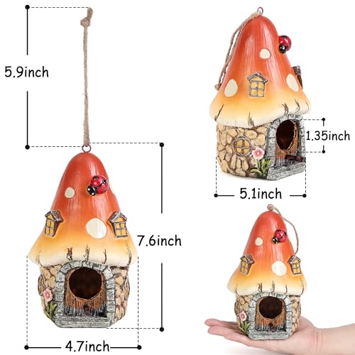 Bird Houses for Outside, Hanging Birdhouse for Outdoor Garden, Patio, Yard | Hand-Painted Resin Mushroom BirdHouses for Outdoor,BirdHouse with Pole for Bluebirds,Finches,Cardinals for Nesting in Gardens