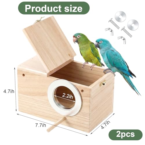 2 Pack Parakeet Nesting Box, Natural Wood Bird Nesting Box Breeding House for Budgie Lovebirds Cockatiel Finch Parrotlets - 7.7x4.7x4.7 Inches