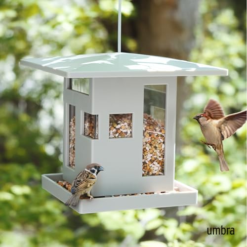 Umbra Bird Cafe Bird Feeder, Outdoor Hanging Seed Dispenser, Grey | Wrap-around tray, steel cable, easy refill, weather resistant, plastic