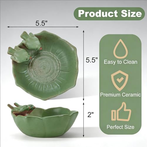2 Pack Ceramic Bird Bath for Outdoors, 5.5" Ground Birds Bath Bowl for Outside, Heavy Duty Wild Bird Feeders, Feeding Tray Food Holder for Balcony Garden Lawn Patio Decor Tabletop, Green