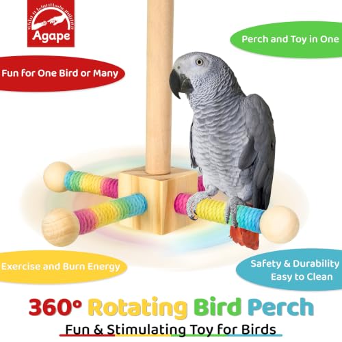 Agape 360° Rotating Bird Perch Stand, Wooden Parrot Exercise Toy | Bird Cage Accessory for Small-Medium Birds: Parakeets, Cockatiels, Lovebirds, Conures, Finches, Budgies, Parrotlets, Quakers - size: Large