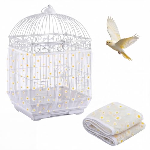 Trinkrittey Bird Cage Seed Catcher, Universal Bird Cage Seed Catcher Guard Adjustable Parrot Nylon Mesh Net Cover for Round Square Cages Parrot Parakeet African Macaw(Daisy-White, 15.7" x87")