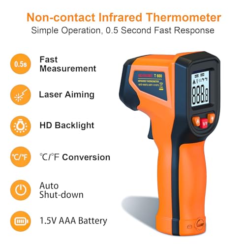 Laser Infrared Thermometer Non-Contact Digital Temperature Gun, -58℉～1112℉(-50℃～600℃) IR Thermometer for Industrial, Kitchen Cooking, Automotive, HVAC (Not for Human Body Temp) - color: Orange
