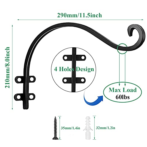 4 Pack Heavy Duty Plant Hanger Bracket, 12Inch Hanging Brackets for Plants Outdoor and Indoor, 80lbs Holding Capacity Metal Plant Wall Hooks, Black Hanging Plant Brackets for Flower Wind Bird Feeder | 80lbs Holding Capacity Outdoor Hanging Bracket Metal P