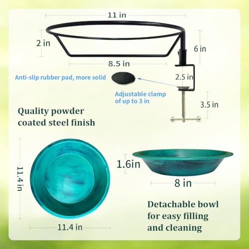 11.5" Deck Mounted Birdbath & Feeder, GreenYard Decor | 2-in-1 Bird Bath & Feeder,Sturdy Deck Clamp,Tool-Free Setup,Weather Rust Resistant,Patio Lawn Decor,Gift for Bird Lovers