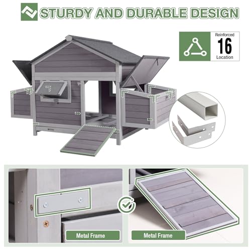 Large Chicken Coop for 2-4 Chickens, Outdoor Wooden Hen House with Weatherproof Asphalt Roof, 4 Sectionable Nesting Box, Dual Ramp Doors, Pull-Out Tray, 67.3" L x 36.8" W x 40.6" H - Grey - size: 67.3"L x 36.8"W x 40.6"H