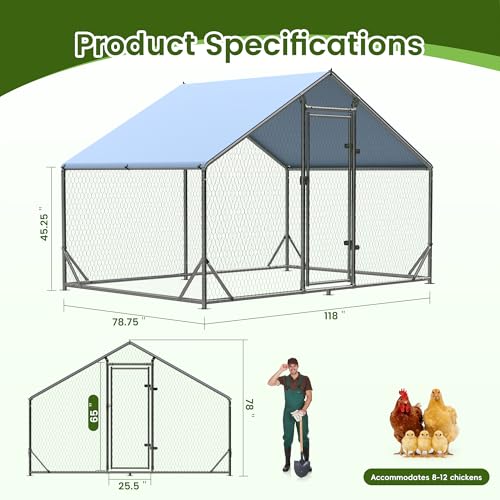 Outdoor Metal Chicken Coop Large Walk-in Poultry Cage Spire-Shaped Chicken Run with Waterproof and Anti-Ultraviolet Cover for Outside,Backyard and Farm,6.5' L x 9.8' W x 6.4' H - size: 117.6"L x 78.0"W x 76.8"H
