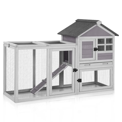 GUTINNEEN 51.6" Large Rabbit Hutch with Chew-Proof Ramp, Small Chicken Coop with Run for Outdoor, Indoor Bunny Cage Guinea Pig House with Leak-Proof Tray (Grey)