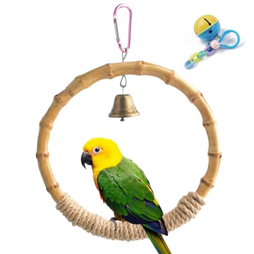 Bamboo Ring Bird Swing Perch,Large Circle Cage Hanging Toys,Bird Perch Climbing Toy Steady Natural Birds Hemp Rope Swings for Budgie,Cockatiels,Conures,Finches,Small Parakeets