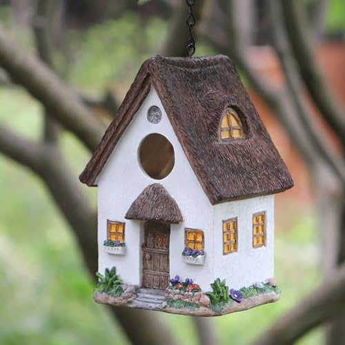 Bird Houses for Outside Outdoor Bird Houses, Hanging Resin Birdhouse for Bluebird, Hummingbird, Sparrow, Wren Finches, Chickadee, Gifts for Bird Lovers,Garden Decorations - color: White