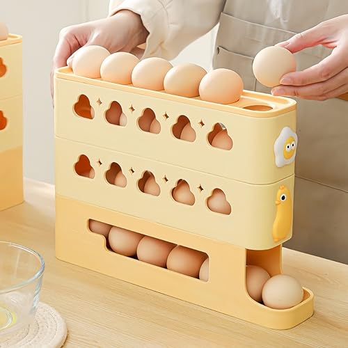 Automatic Rolling Egg Holder for Fridge – 4-Layer Automatic Egg Dispenser, Large Capacity Fridge Eggs Container, Space-Saving Fridge Organizer Tray for Kitchen