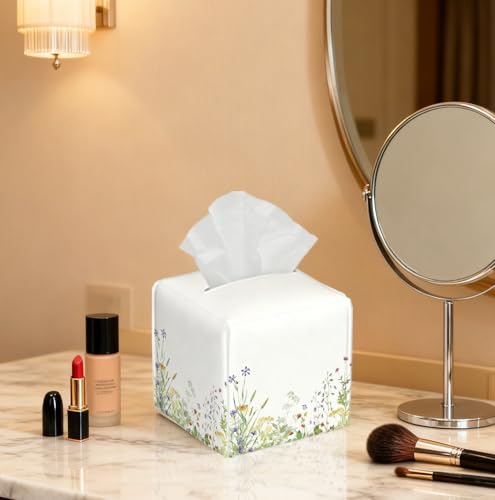 Watercolor Wildflower Tissue Box Cover, PU Leather Holder with Floral & Butterfly Design for Living Room/Bathroom, Gift for Housewarming & Nature-Loving Homeowners - color: White Decoration Theme-05