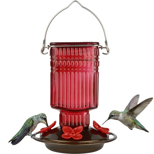 Nature’s Way Antique Red Dahlia Glass Gravity Hummingbird Feeder with Bronze Plastic Base, 22 Ounce Capacity, 4 Flexible Flower Ports and Perches, Bee-Resistant Design - color: Red