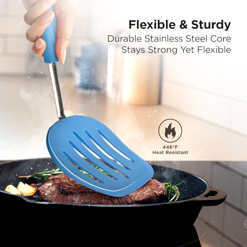 Kitchen Mama WaltzGrip Platinum Silicone Pancake Spatula Turner, Blue | Heat-Resistant, Slotted Tapered Head, Stainless Steel Core, Durable and Dishwasher-Safe, For Flipping and Wok Use - color: Blue