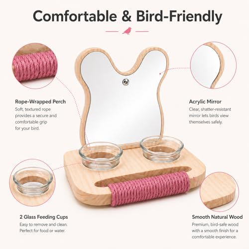 Bird Mirror with Perch and Feeder, Wooden Birds Toys Bird Cage Accessories for Parrots to Expend Energy, Interactive Toys for Greys Amazons Parakeet Cockatiel Conure Lovebirds Finch Canaries - size: 5.9 inch