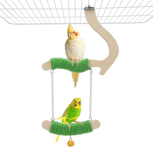 Litewoo Bird Swing Perch Stand Parrots Chewing Toy for Parakeets Cage, M | Natural wood & green hemp rope, chew/swing/stand toy, balance & exercise for small-medium bird/budgies/conures/lovebirds - size: M