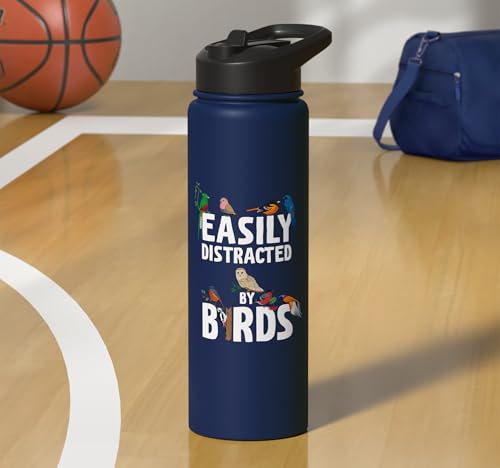 Easily Distracted By Birds Funny Bird Watcher & Birdwatching Stainless Steel Insulated Water Bottle - color: Navy Blue