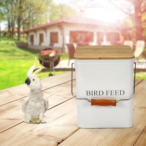 Morezi Bird Treat and Food Storage tin with Wooden lid and Scoop Included - White Powder - Carbon Steel - Birds Food bin - pet Food Container Storage Canister - color: White wood lid