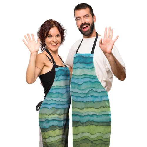 Garden Apron for Women Blue and Green Waves Cute Aprons for Men for Kitchen Cooking Restaurant BBQ Painting Crafting Gardening 27” (W) x 31” (H), Waterproof Apron - color: Blue and Green Waves