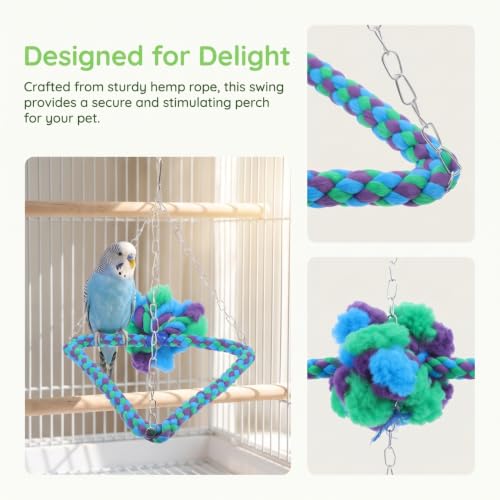 Toyvian Parrot Swing Hemp Rope Bird Chew Toy Hanging Cage Bird Accessories Parrot Perch for Cockatiel Parakeet Small Animal Play and Chew