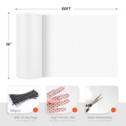 Toolterritary 16IN x 50FT Plastic Chicken Wire Mesh, Chicken Wire for Floral Arrangements, Chicken Wire Mesh for Crafts with 100 Pcs Zip Ties, Mesh Fence for Dogs, Deers, Poultry - color: White, size: 16IN x 50FT