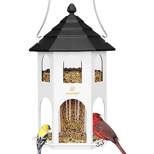 Kingsyard Metal Bird Feeder for Outdoor Hanging, Wild Bird Feeders with Circular Perch, Easy to Clean & Refill, 4 lbs Large Seed Capacity, White - color: White