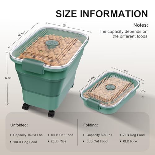 Dog Food Storage Container, 15-23 Lbs Collapsible Dog Food Container with Transparent Airtight Lid, Wheels and Scoop, Travel Pet Food Storage Container for Cat, Dog and Bird, Keep Dry Food Fresh - color: Green