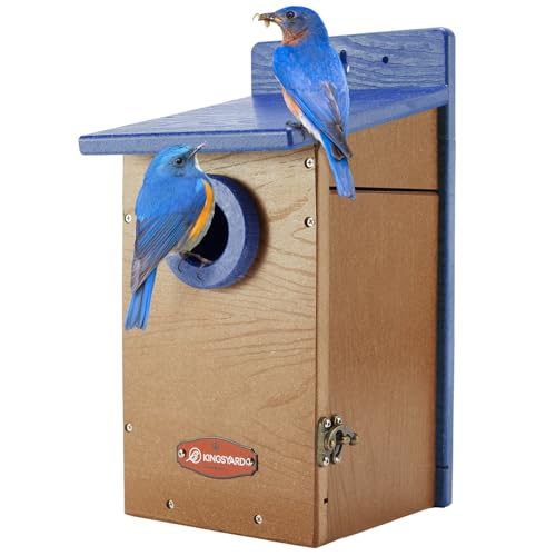 Kingyard Bluebird House, Outdoor Bird House with Predator Guard | Recycled poly lumber nesting box with a 1.5-inch entrance hole, clear viewing panel, bottom ventilation holes - color: Blue
