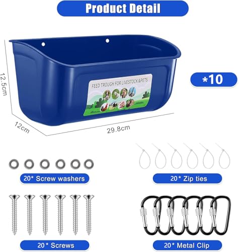 Chicken Feeder Waterer, 10 Pack Duck Feeder Supplies, Hanging Fence Feed Trough with Clips for Goat, Sheeple, Piglet, Gooses, Turkeys, Dog Livestock Poultry, Blue - color: 10 pack Blue