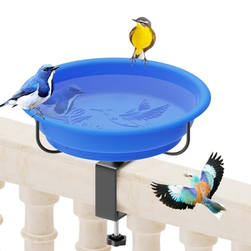 Deck Mounted Bird Bath for Outside, Detachable Plastic Bowl, Blue | Adjustable 3.2" Metal Clamp, Easy to Clean & Install, Railing Birdbath & Birdfeeder, Balcony Fence Garden Decor