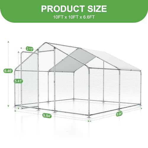 Large Metal Chicken Coop, 10'x10'x6.6' Walk-in Poultry Cage Outdoor Chicken Run Pen w/Waterproof & Anti-UV Cover, Hen House w/Security Lockable Door for Farm Backyard Duck Rabbit Cage Spire Roof - size: 120.0"L x 120.0"W x 79.0"H