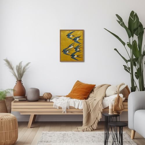 Vintage Japanese Bird Wall Art, Japan Swallow Wall Decor Painting Cottage Animal Poster Canvas Prints Picture for Bedroom Living Room Farmhouse 12x16 inch Wood Framed - color: Animal-N, size: 16"L x 12"W