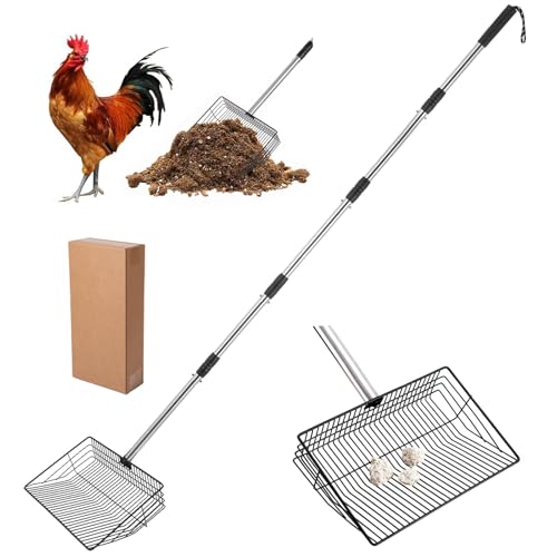 Chicken Poop Scooper, 10inch Stainless Chicken Coop Scoop for Sand with 36-66inch Adjustable Handle, 2-in-1 Metal Scooper Heavy Duty Litter Sifting Shovel Chicken Coop Accessories