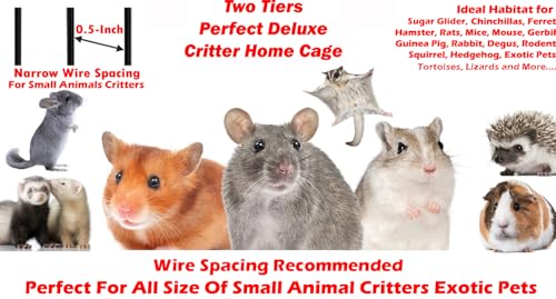 Deluxe Two Tiers Small Animal Critter Cage Tight 1/2-Inch Bar Spacing Water Bottle Food Bowl Feisty Ferret Hammock Chinchilla Rat Mice Squirrel Rabbit Sugar Glider Easy Clean Pull Out Grate Tray - color: Black Vein, size: 24"L x 17.5"W x 34"H