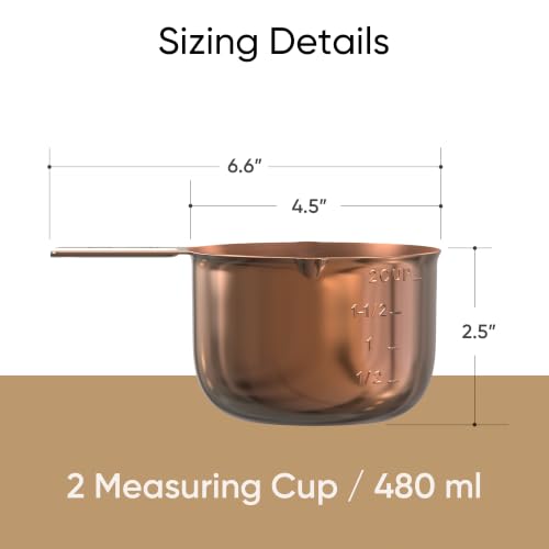 Color Up 2 Cup Measuring Cup, 480ml Copper Stainless Steel Metal Measuring Scoop, Easy-Pour Spouts, Engraved Markings, for Dry & Liquid Ingredients - size: 2 Cup (480 ml) Copper