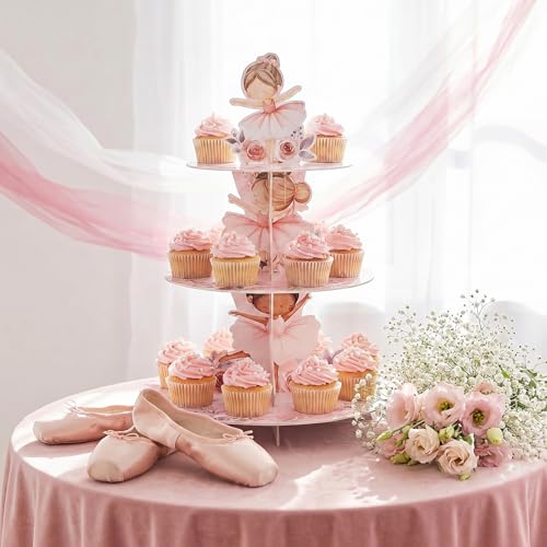 3 Tier Ballerina Party Decoration Ballerina Cupcake Stand Decoration Dancing Girl Floral Cupcake Tower Pink Dance Theme Cake Holder Table Display for Ballet Tutu Dancer Pink Party Supplies - style: Ballet