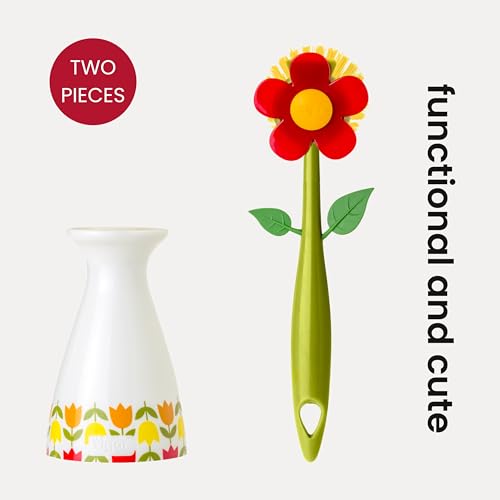 Vigar Flower Power Dish Brush with Handle and Stand - White, Red | Flower-Shaped, Dish Scrubber for Dishes, Dishwashing Brush, Kitchen Scrub Brush, Kitchen Essentials - color: Red