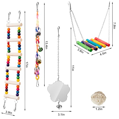 Bird Toys for Parakeets 7Pcs, Wood Parrots Budgie Cage Accessories, Bird Perch Swings for Small Conure Cockatiel Toys, Bird Ladder Swing for Parakeets Climbing 18''