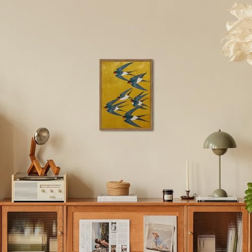 Vintage Japanese Bird Wall Art, Japan Swallow Wall Decor Painting Cottage Animal Poster Canvas Prints Picture for Bedroom Living Room Farmhouse 12x16 inch Wood Framed - color: Animal-N, size: 16"L x 12"W