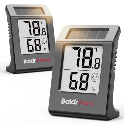 BALDR 2-Pack Digital Hygrometer Thermometer, Solar Power with Battery Backup Temperature and Humidity Monitor, Mini Room Thermometer with Comfort Indicator (Black) - color: Black 2 Pack