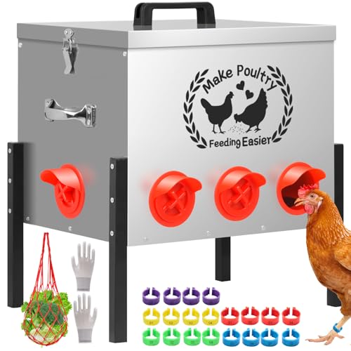 50LB Automatic Chicken Feeder Kit 8 Ports Large Metal Poultry Feeder Duck Chicken Coop Chick Feeder System Food Dispenser No Waste with Adjustable Legs Locking Lid Vegetable Hanging Bag Leg Rings