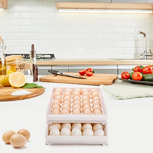 60 Egg Drawer for Refrigerator, 2-Layer Stackable Egg Holder Storage Container for Countertop, Large Capacity Plastic Fresh Egg Tray Dispenser Organizer Keeper with Handle for Kitchen