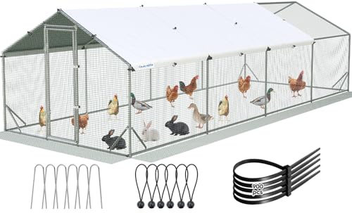 Quictent Large Metal Chicken Coop Run for 45+ Poultry w/Side Hardware Cloth | Waterproof Cover, Advanced Series Outdoor Walk-in Cage Hen Duck Rabbit Dog Pen Yard Farm House, 24x9x6.6FT - color: White, size: 287.4"L x 107.3"W x 78.0"H