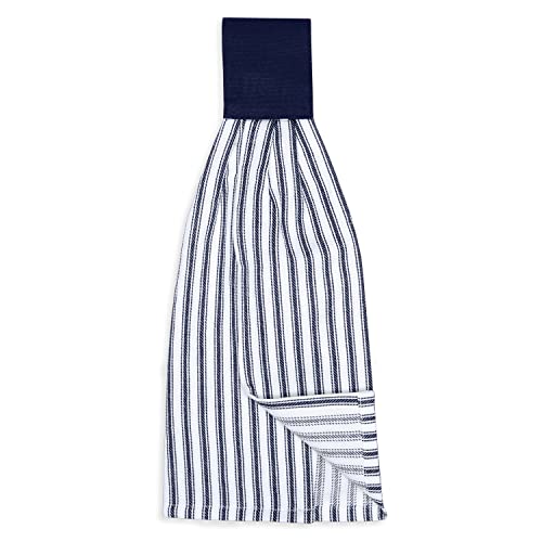 Navy Blue and White Ticking Stripe Hanging Kitchen Dish Hand Towel Cotton with Button Accent, Set of 2 - color: Navy Blue