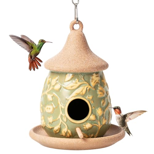 Hanging Bird Houses Ceramic Bird House Feeder with Wooden Pole for Outside Hummingbirds Cardinal Bluebird Nest Birdhouse Pet Cottage for Patio Outdoor Garden Decor